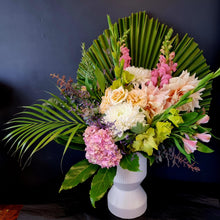 Load image into Gallery viewer, White art deco ceramic vase with a beautiful pastel bouquet of flowers. Flowers include hydrangeas, dahlias, roses snapdragons and more.