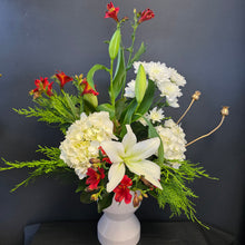 Load image into Gallery viewer, White Vase of Seasonal Flowers