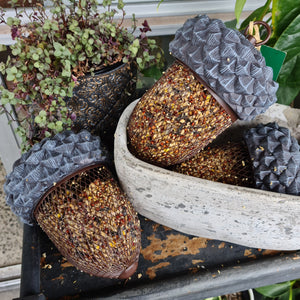 bird feeder in the shape of a huge acorn, made of metal. Bird seed is contained in metal mesh with a  solid grey metal lid. 