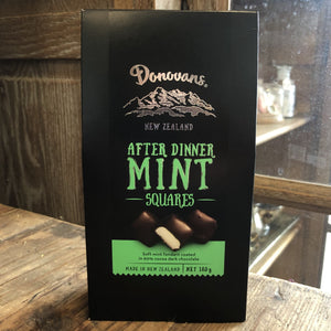 Donovans NZ After Dinner Mint Squares in black packet with green text
