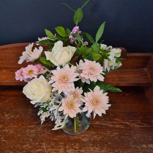 Special Mother's Day Posy of Fresh Seasonal flowers with a small glass vase.