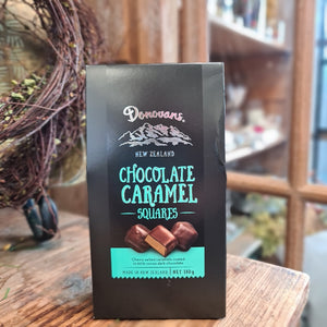 Donovans NZ Chocolate Caramel Squares in black packet with teal text