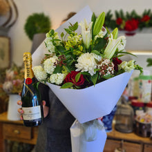 Load image into Gallery viewer, Blanc Flowers Christmas themed large bouquet of Christmas flowers and French Champagne
