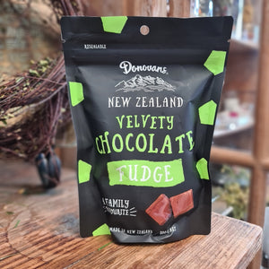Donovans NZ Velvety chocolate Fudge in black packet with green text